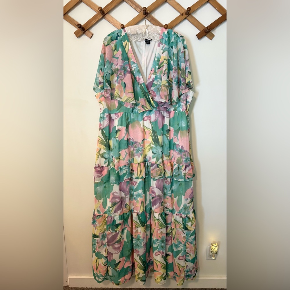 Boohoo Pink and Green Ruffled Maxi Dress with Flutter Sleeves